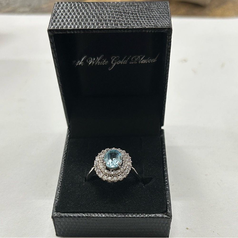 Gold Coast 14K White Gold Plated Aquamarine Accent Crystal Ring Size 10 NEW
